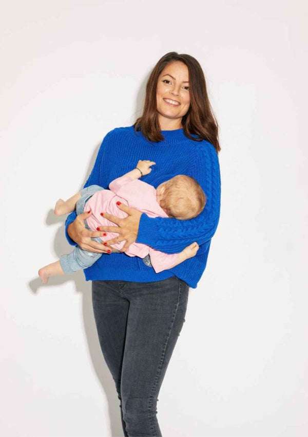 Milk Away nursing sweater in royal blue knit organic cotton to breastfeed in style in winter and fall